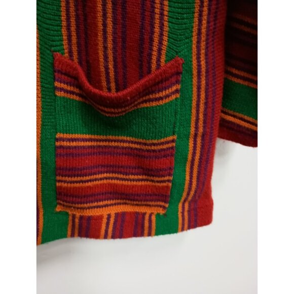 Vintage 90s Sweater Jacket Womens Large Green Red Striped Hooded BOHO Hippie - Picture 4 of 11